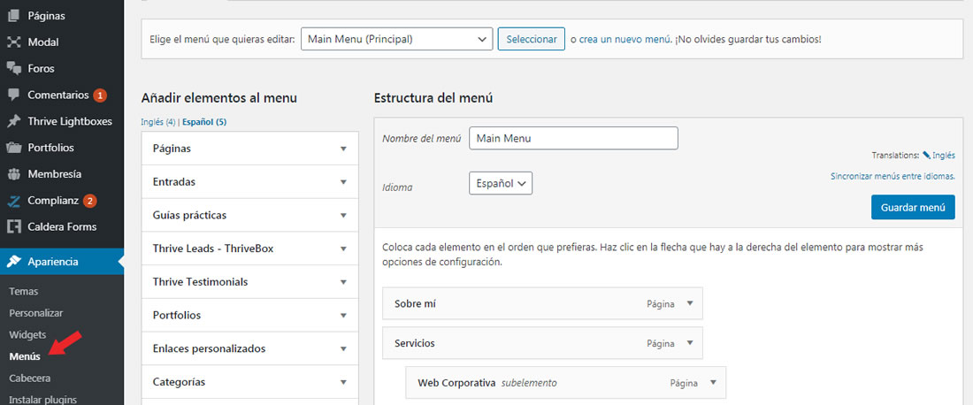 Gestion de menu de wordpress